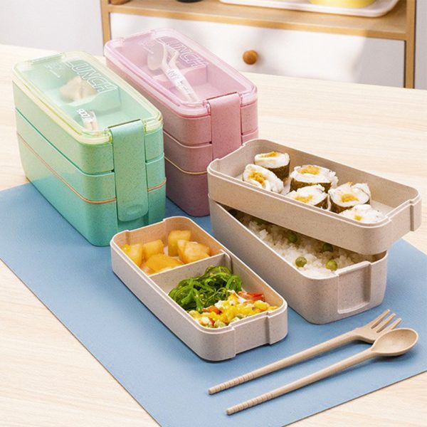 Stackable Bento Box 3 Layer Lunch Box With Fork And Spoon 3 Grid Design Detachable Compartment Tray Rectangular Lunch Box Kit For Boys Girls Children 3 layers - green (900ml)