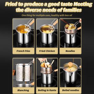 Deep Fryer Pot, Stainless Steel Frying Pan With Strainer Basket, Glass Lid, Handle, Home Kitchen Cooking Tools For Frying Fish, Shrimp, Chicken, Fries 1.3L pot+basket+glass lid