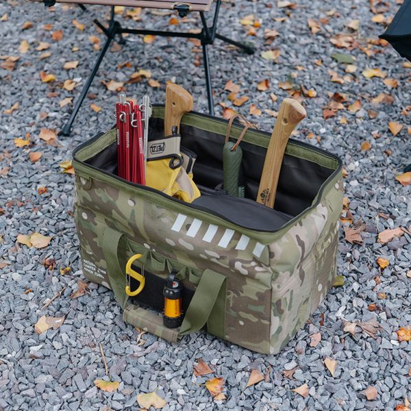 Outdoor Camping Tent Bag Camping Storage Bag Outdoor Utility Tote Bag Camping Cookware Organizer With Built-in Removable Hard PP Divider And Front Storage Bag Strap Sand color