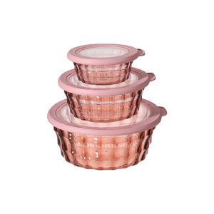 3 Pack Salad Bowls With Lids, Reusable Round Stackable Clear Plastic Sealed Container, Kitchen Food Storage Containers For Cereal Oatmeal Food Fruits Pink